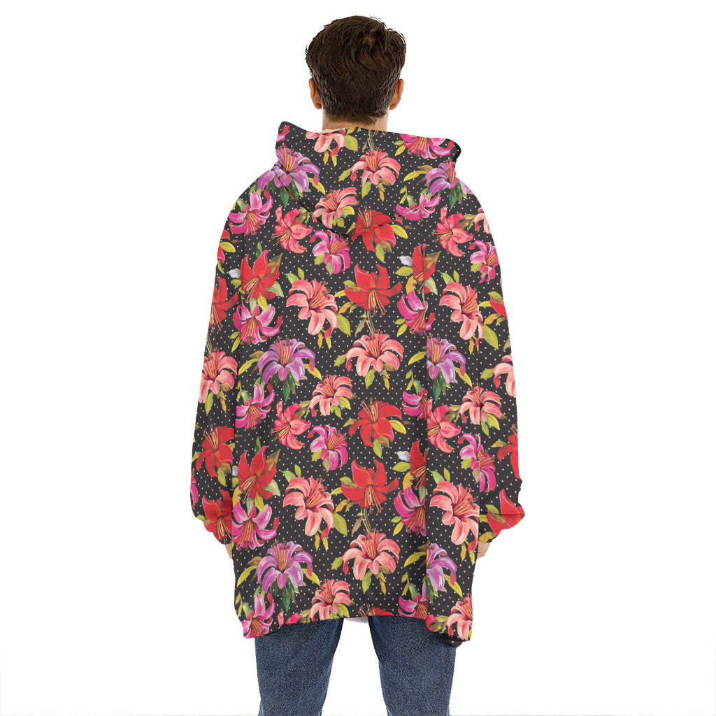Polka Dot Lily Pattern Print Hoodie Blanket