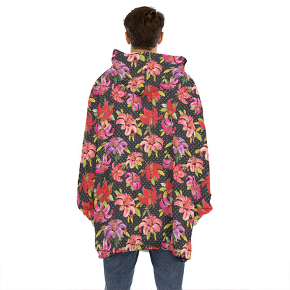 Polka Dot Lily Pattern Print Hoodie Blanket
