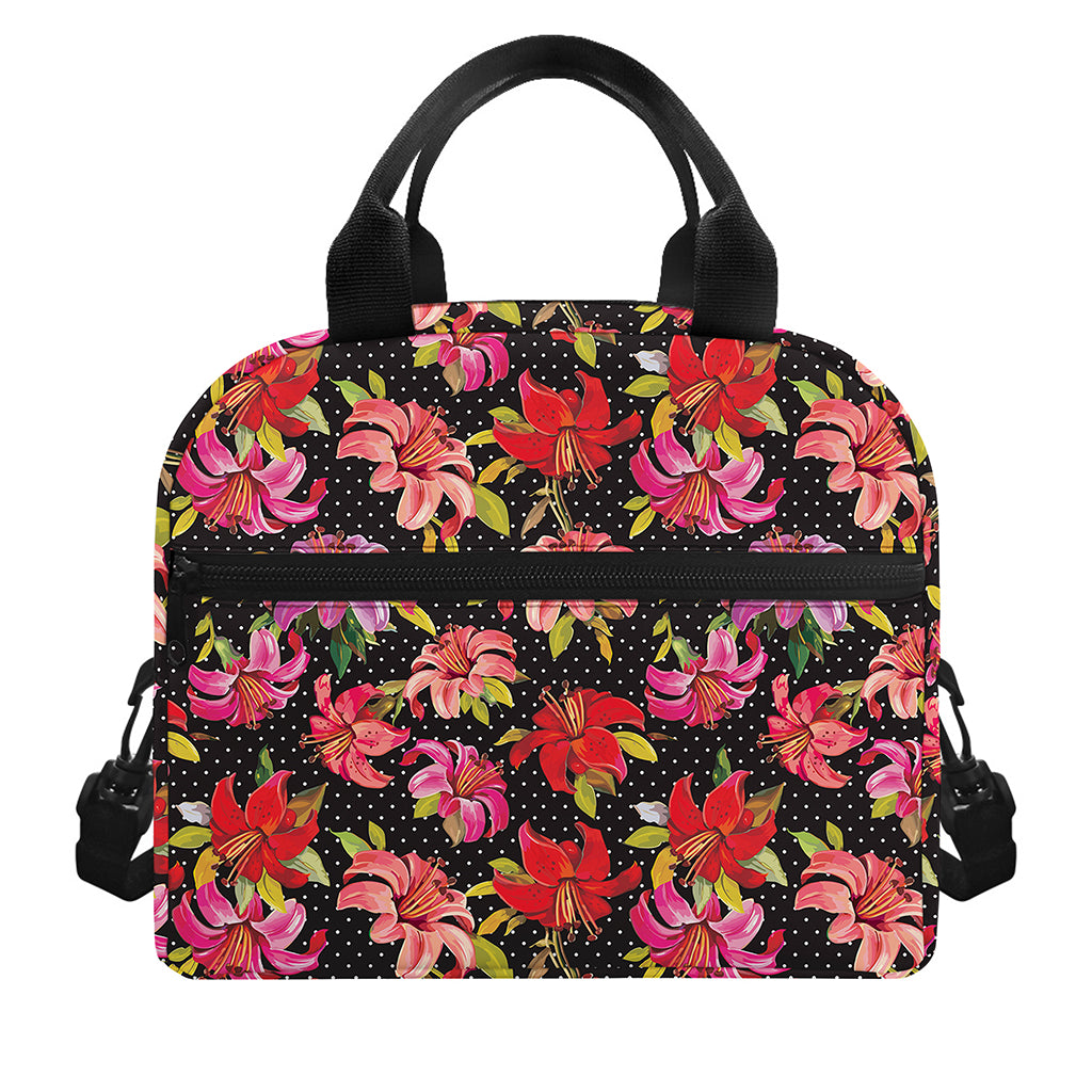Polka Dot Lily Pattern Print Insulated Lunch Bag