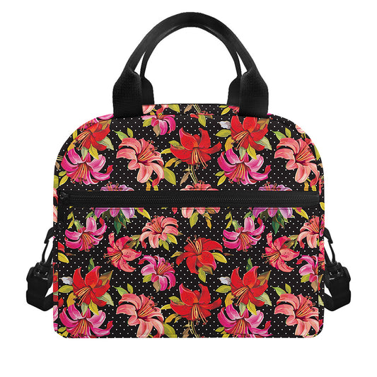 Polka Dot Lily Pattern Print Insulated Lunch Bag