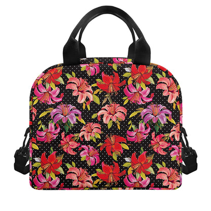 Polka Dot Lily Pattern Print Insulated Lunch Bag