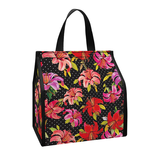 Polka Dot Lily Pattern Print Insulated Lunch Tote