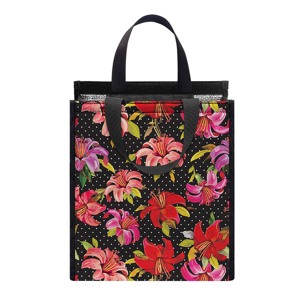 Polka Dot Lily Pattern Print Insulated Lunch Tote