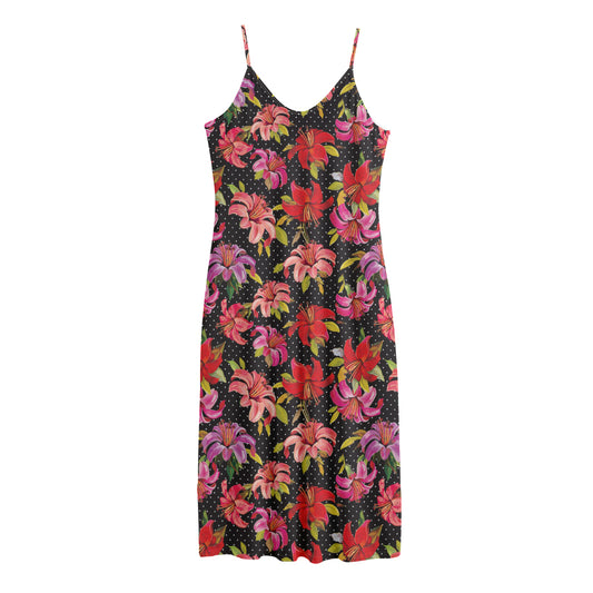 Polka Dot Lily Pattern Print Jersey Midi Cami Dress