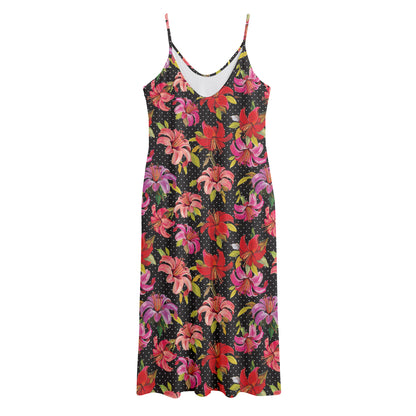 Polka Dot Lily Pattern Print Jersey Midi Cami Dress