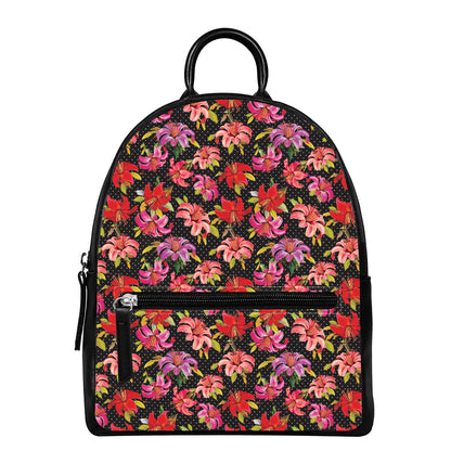 Polka Dot Lily Pattern Print Leather Backpack