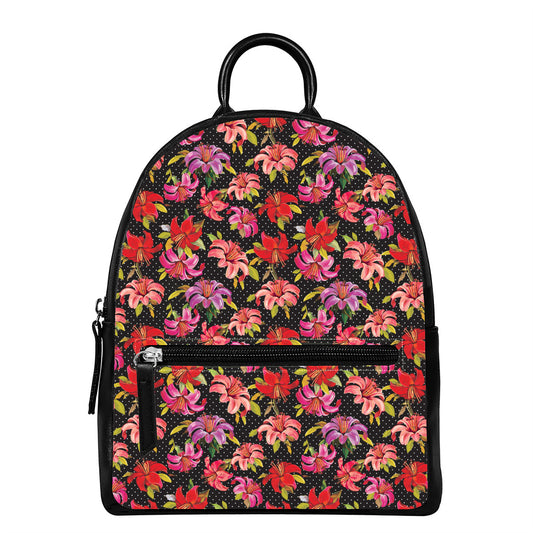 Polka Dot Lily Pattern Print Leather Backpack