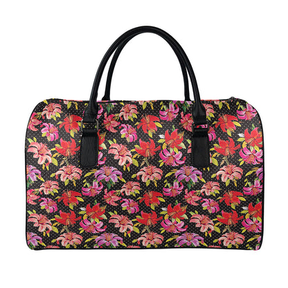 Polka Dot Lily Pattern Print Leather Duffle Bag