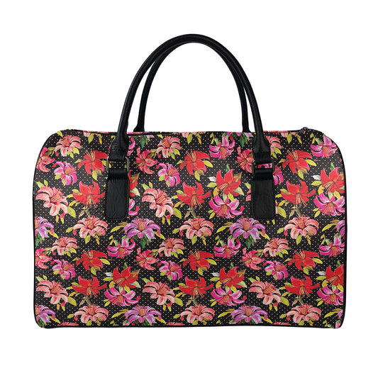 Polka Dot Lily Pattern Print Leather Duffle Bag