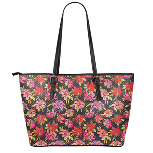 Polka Dot Lily Pattern Print Leather Tote Bag