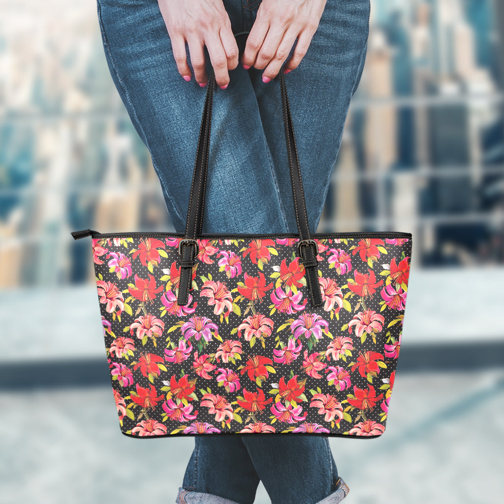 Polka Dot Lily Pattern Print Leather Tote Bag