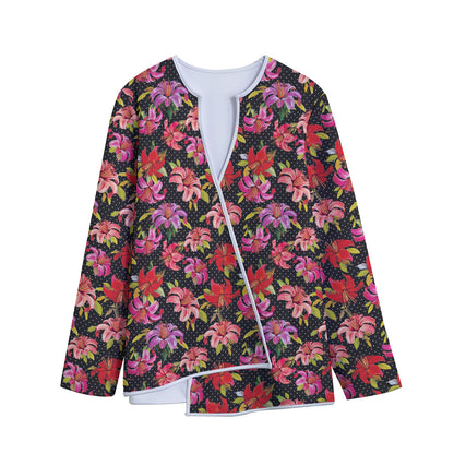 Polka Dot Lily Pattern Print Long Sleeve Short Coat