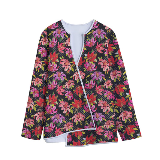 Polka Dot Lily Pattern Print Long Sleeve Short Coat