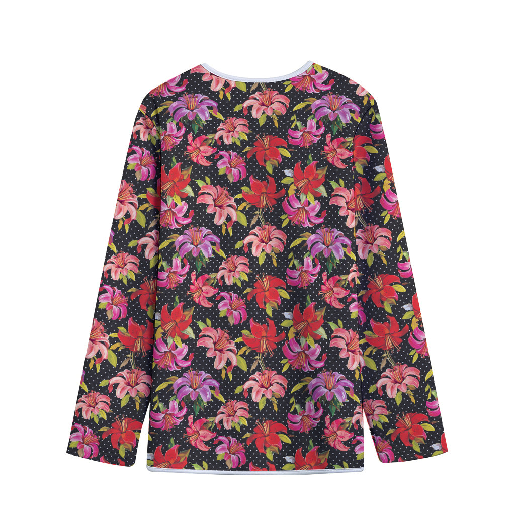 Polka Dot Lily Pattern Print Long Sleeve Short Coat