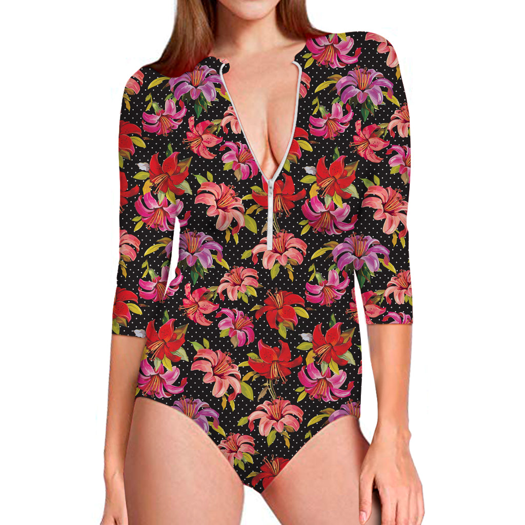 Polka Dot Lily Pattern Print Long Sleeve Swimsuit