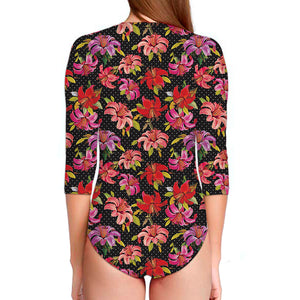 Polka Dot Lily Pattern Print Long Sleeve Swimsuit