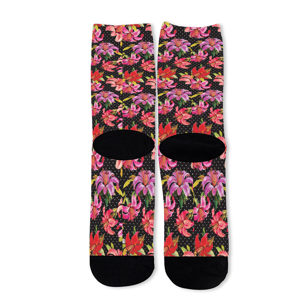 Polka Dot Lily Pattern Print Long Socks