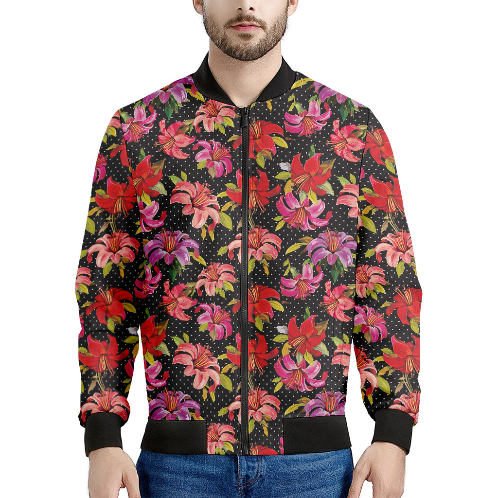 Polka Dot Lily Pattern Print Men's Bomber Jacket