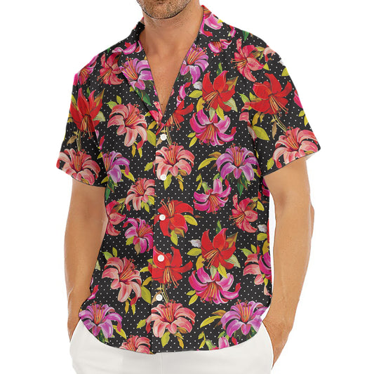 Polka Dot Lily Pattern Print Men's Deep V-Neck Shirt