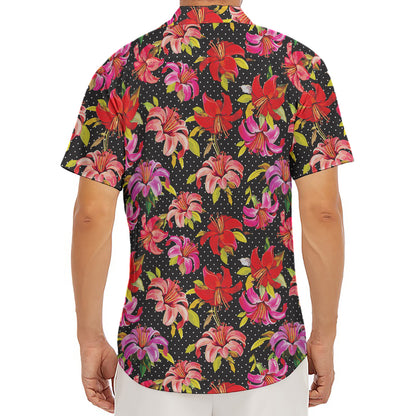 Polka Dot Lily Pattern Print Men's Deep V-Neck Shirt