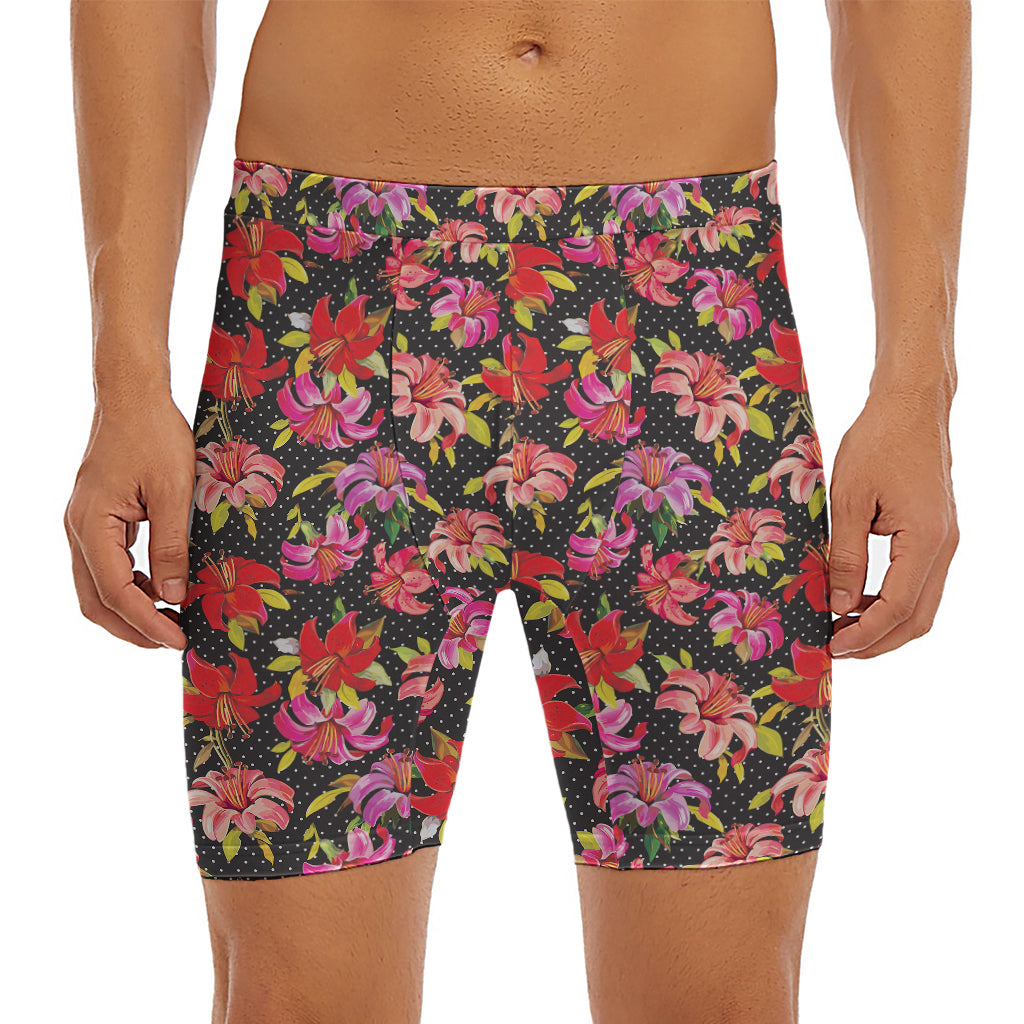 Polka Dot Lily Pattern Print Men's Long Boxer Briefs