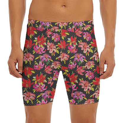 Polka Dot Lily Pattern Print Men's Long Boxer Briefs