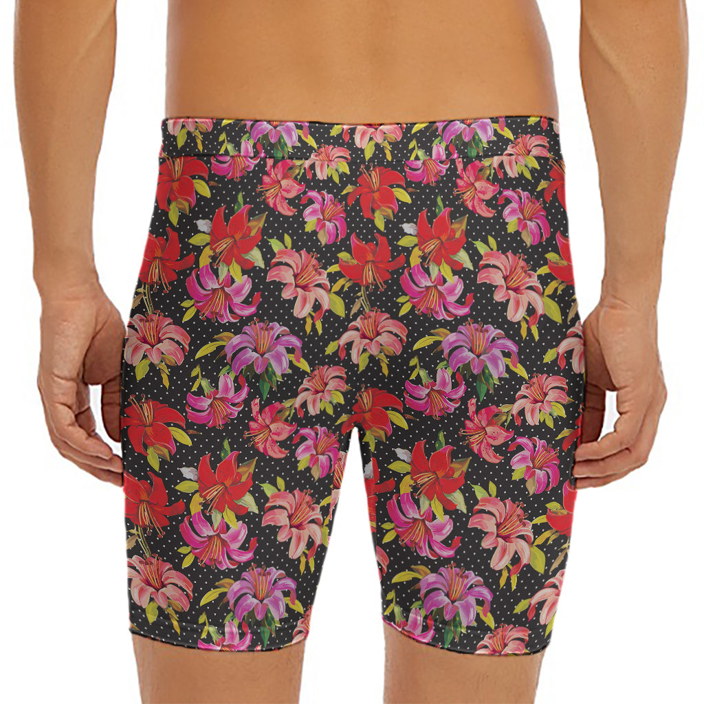 Polka Dot Lily Pattern Print Men's Long Boxer Briefs