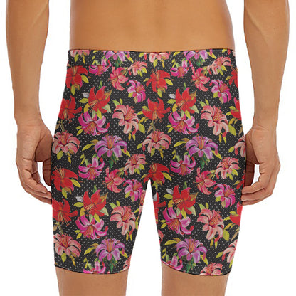 Polka Dot Lily Pattern Print Men's Long Boxer Briefs
