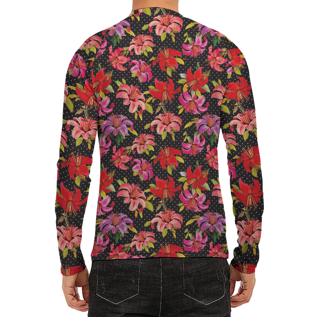 Polka Dot Lily Pattern Print Men's Long Sleeve Rash Guard