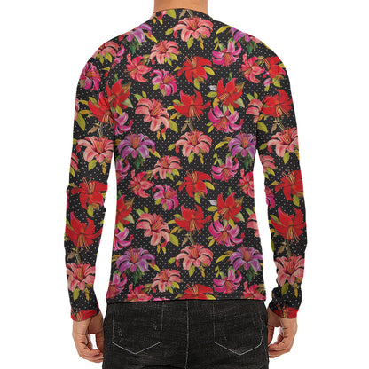 Polka Dot Lily Pattern Print Men's Long Sleeve Rash Guard