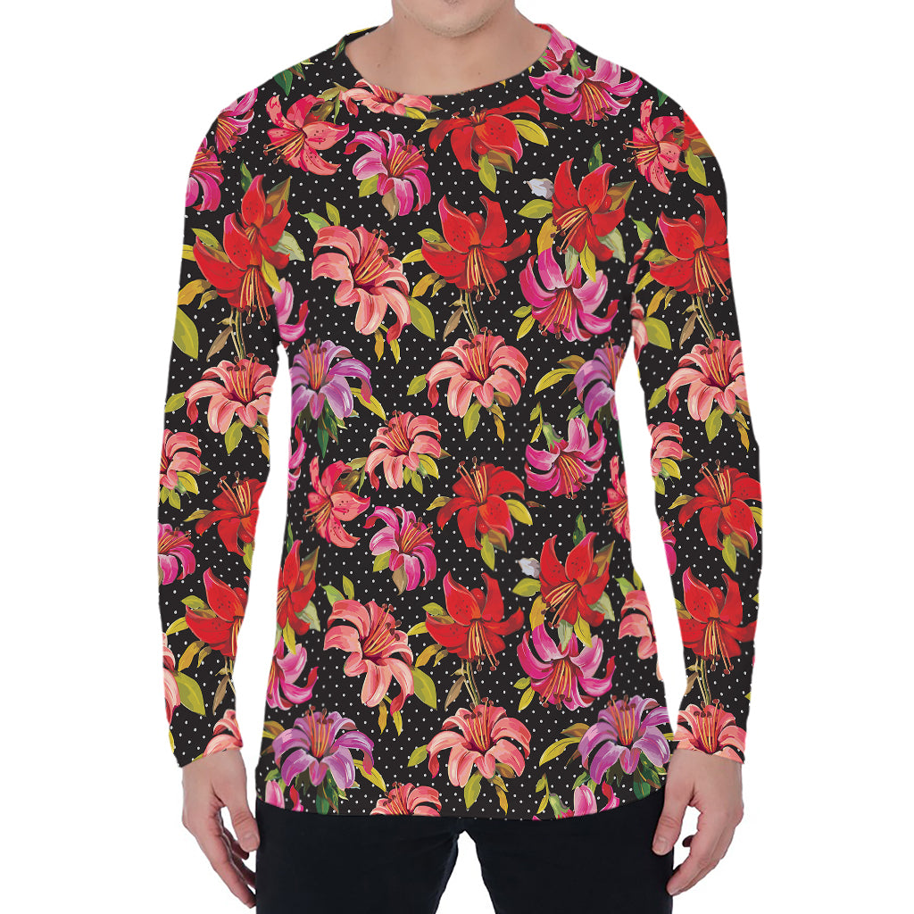 Polka Dot Lily Pattern Print Men's Long Sleeve T-Shirt