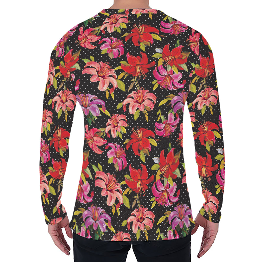 Polka Dot Lily Pattern Print Men's Long Sleeve T-Shirt