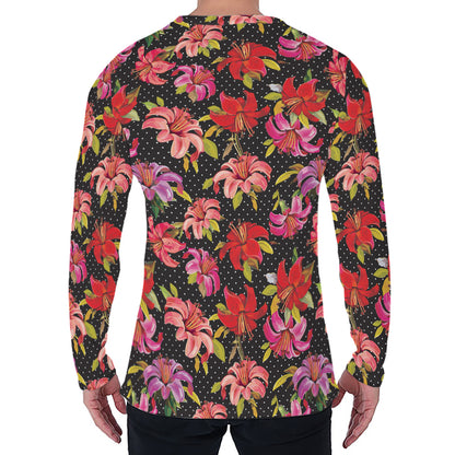 Polka Dot Lily Pattern Print Men's Long Sleeve T-Shirt