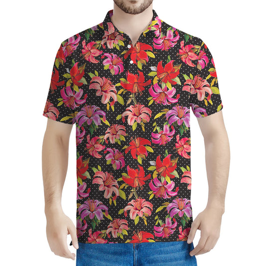 Polka Dot Lily Pattern Print Men's Polo Shirt