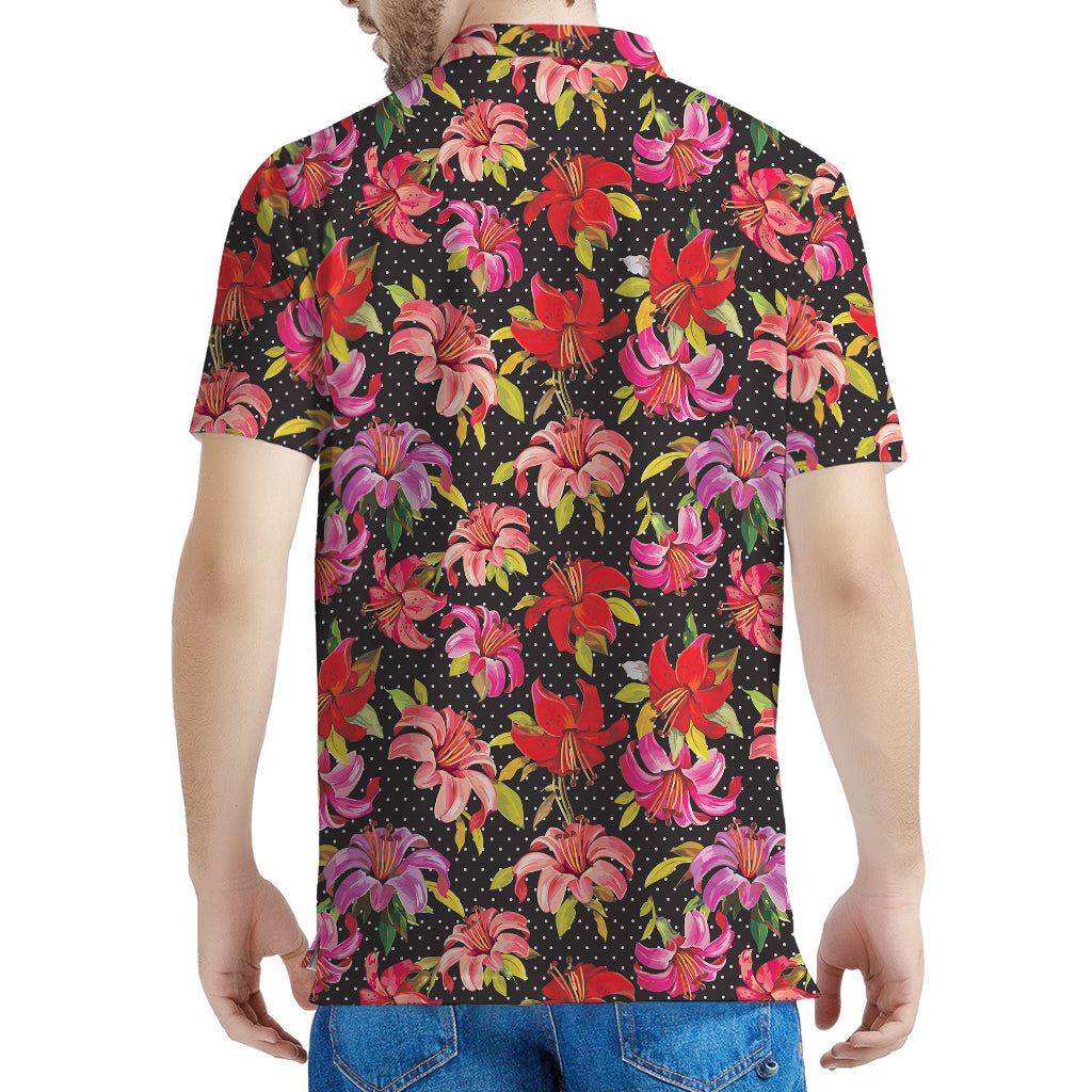Polka Dot Lily Pattern Print Men's Polo Shirt