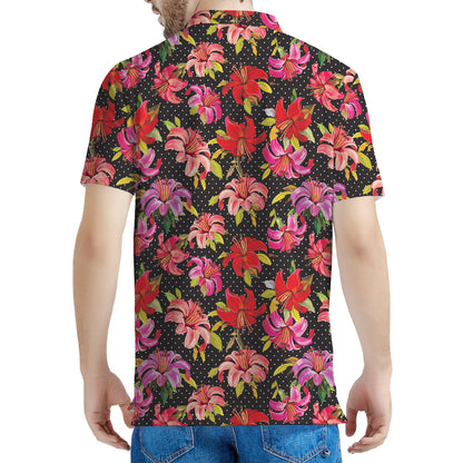 Polka Dot Lily Pattern Print Men's Polo Shirt