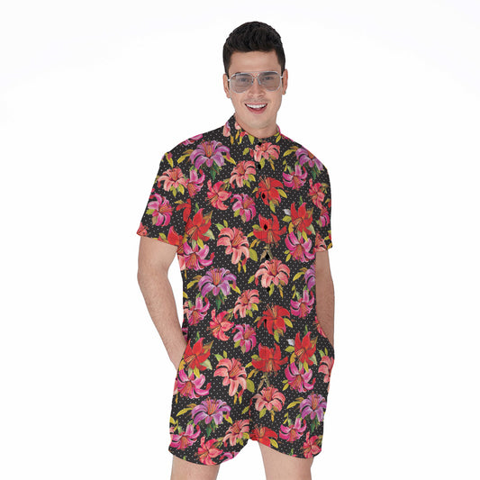 Polka Dot Lily Pattern Print Men's Rompers