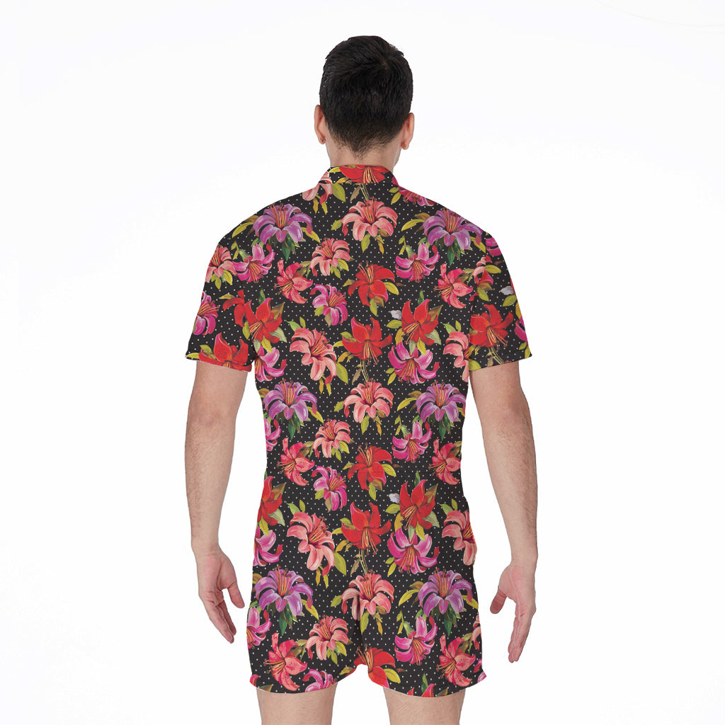 Polka Dot Lily Pattern Print Men's Rompers