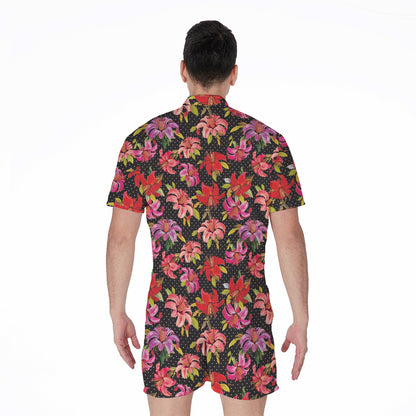 Polka Dot Lily Pattern Print Men's Rompers