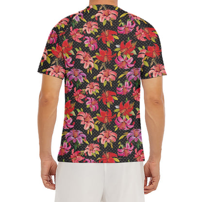Polka Dot Lily Pattern Print Men's Short Sleeve Rash Guard