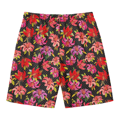 Polka Dot Lily Pattern Print Men's Swim Trunks