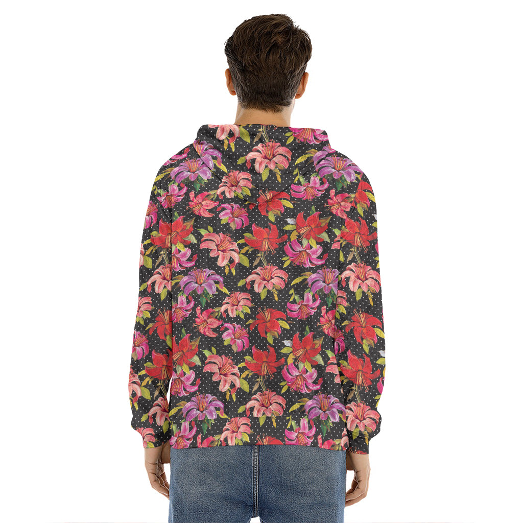 Polka Dot Lily Pattern Print Men's Velvet Pullover Hoodie