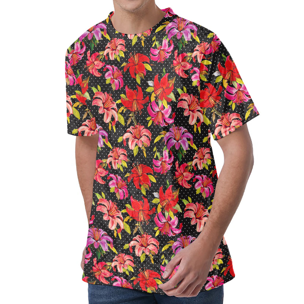 Polka Dot Lily Pattern Print Men's Velvet T-Shirt