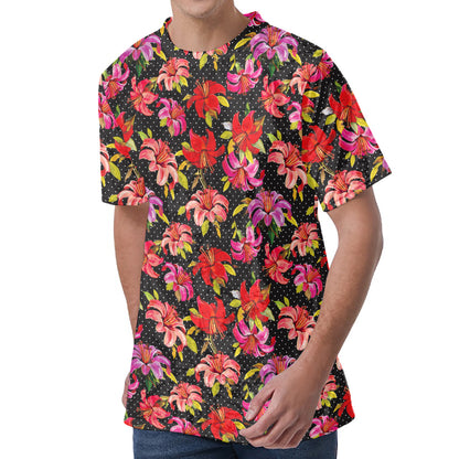 Polka Dot Lily Pattern Print Men's Velvet T-Shirt