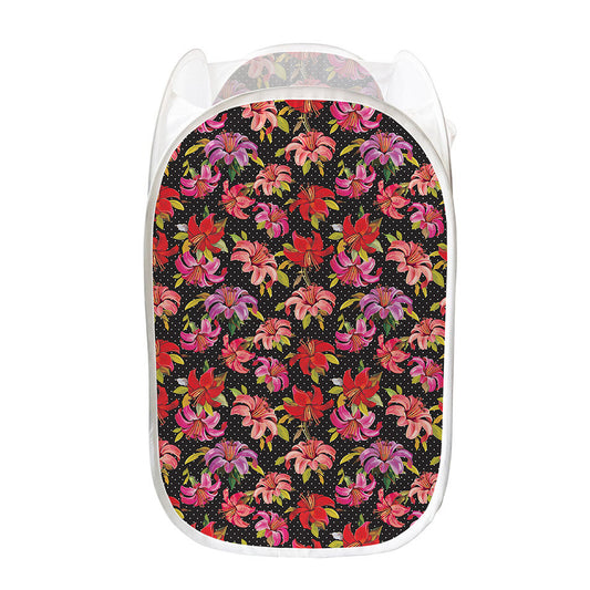 Polka Dot Lily Pattern Print Mesh Laundry Hamper