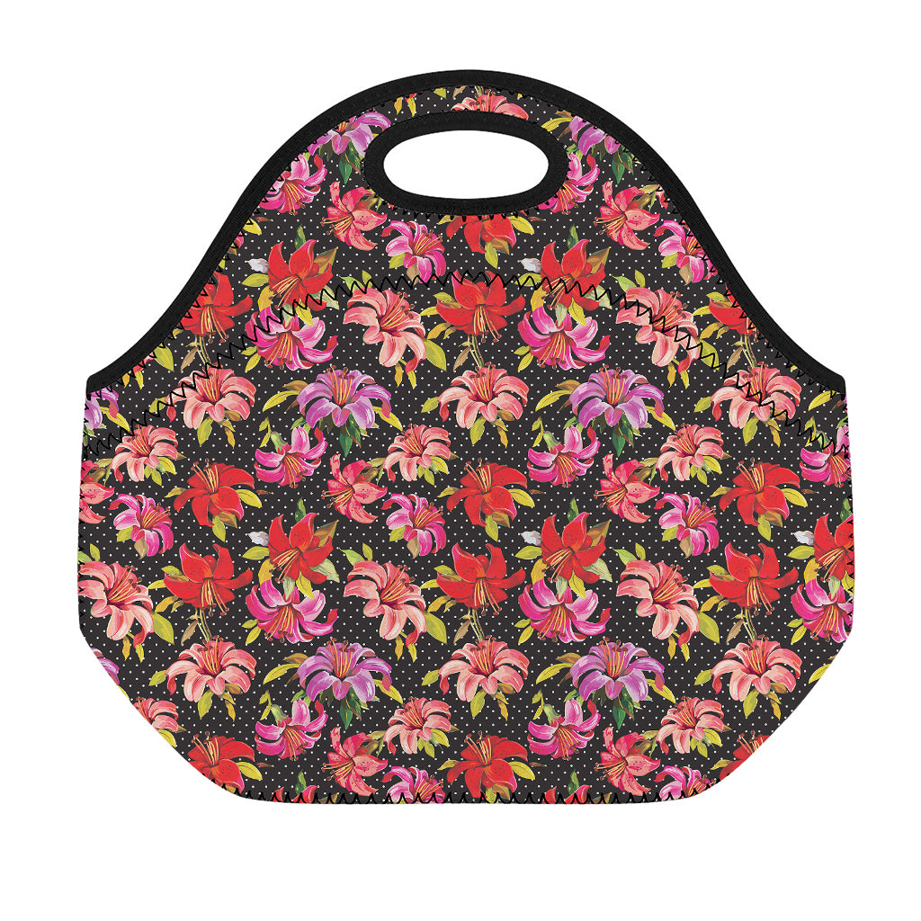 Polka Dot Lily Pattern Print Neoprene Lunch Bag