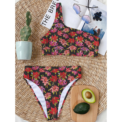 Polka Dot Lily Pattern Print One Shoulder Bikini Top