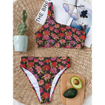 Polka Dot Lily Pattern Print One Shoulder Bikini Top