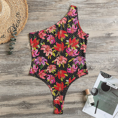 Polka Dot Lily Pattern Print One Shoulder Bodysuit