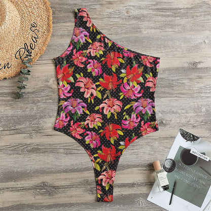 Polka Dot Lily Pattern Print One Shoulder Bodysuit
